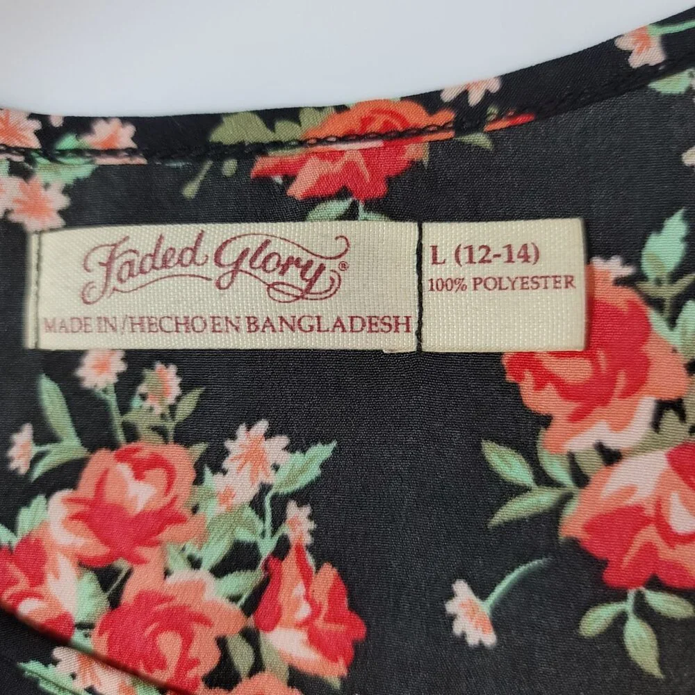 Faded Glory Womens Sz L Red Roses Floral Black Tank Top Y2K Romantic Retro Flowy - Picture 9 of 10